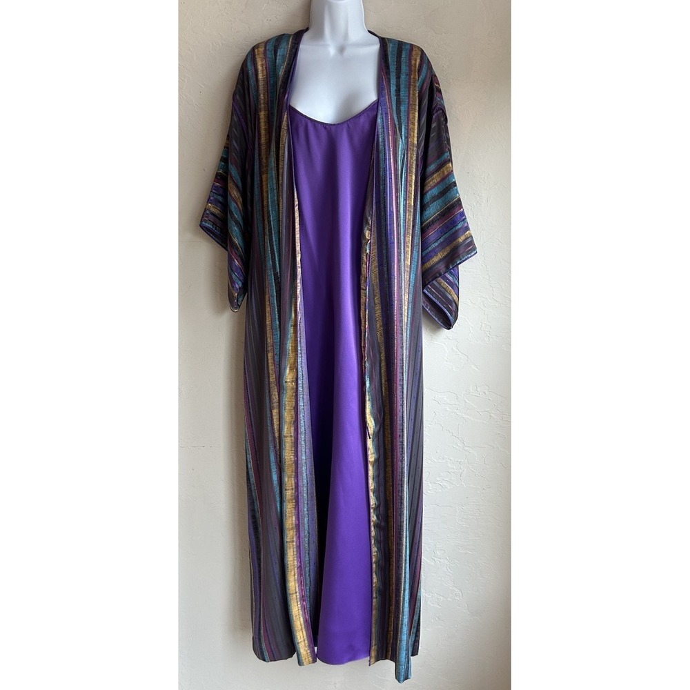 Vintage 80s Mary McFadden Collection Kimono Robe Maxi Slip Dress‎ Set L Hostess